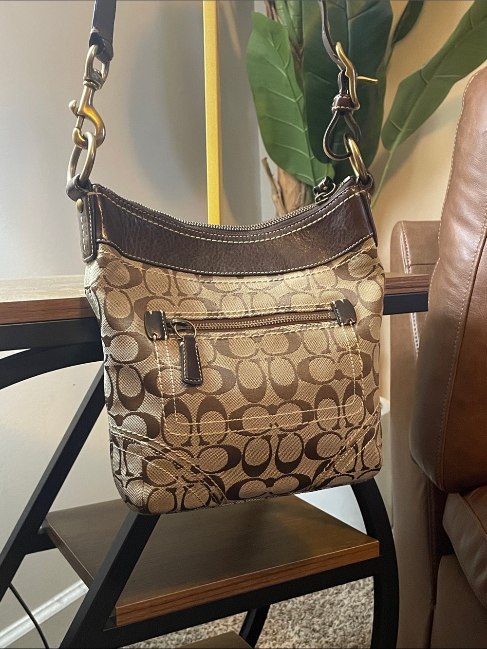 Coach Brown Signature Canvas Shoulder Bag with Dark Brown Trim